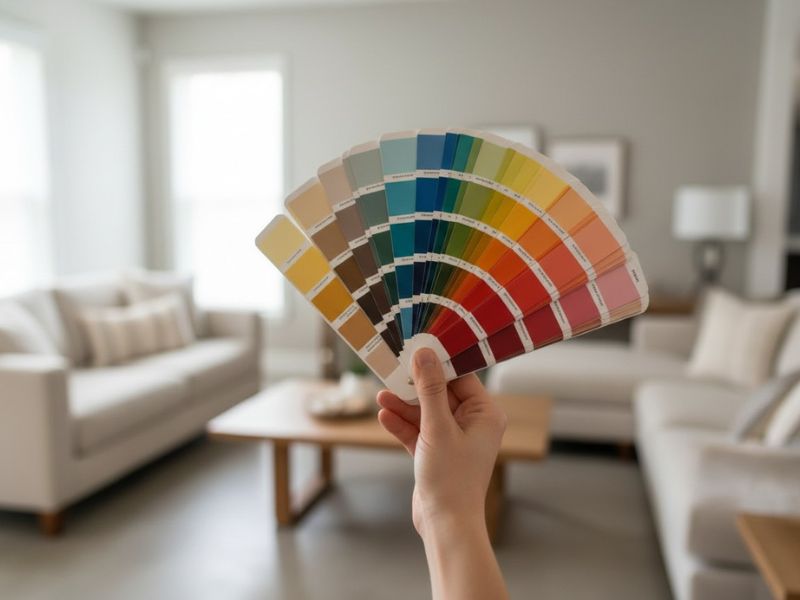 osoba drži u ruci paletu sa bojama a u pozadini dnevni boravak