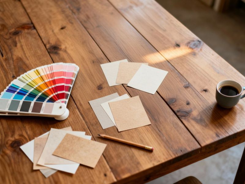 na drvenom sotlu paleta sa bojama za zid,kartončići papira, olovka i šoljica kafe