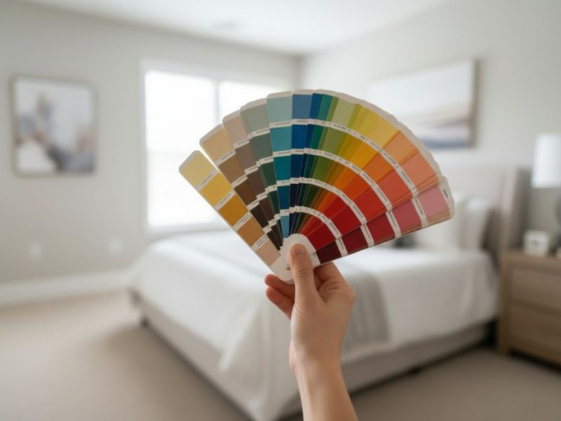 osoba drži u ruci paletu sa bojama, u pozadini spavaća soba
