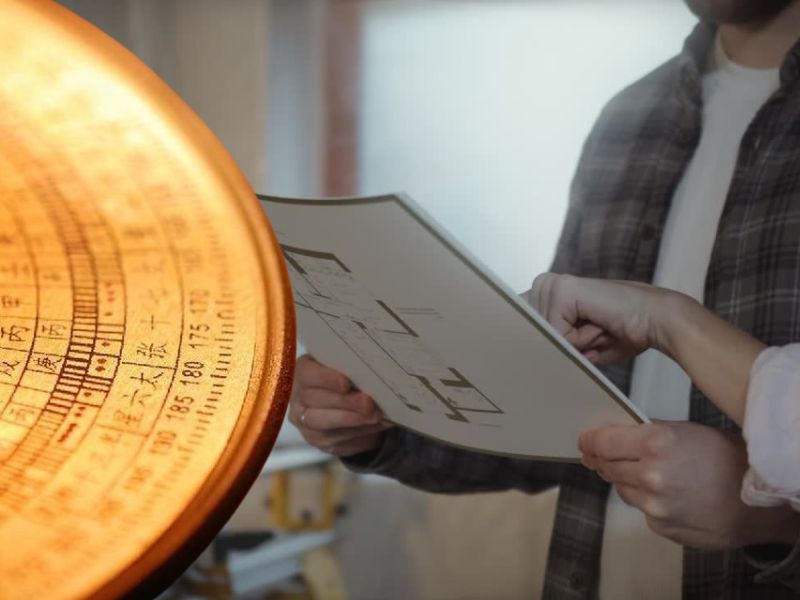 momak i devojka drži plan kuće u dnevnom boravku, pored znak feng šuija